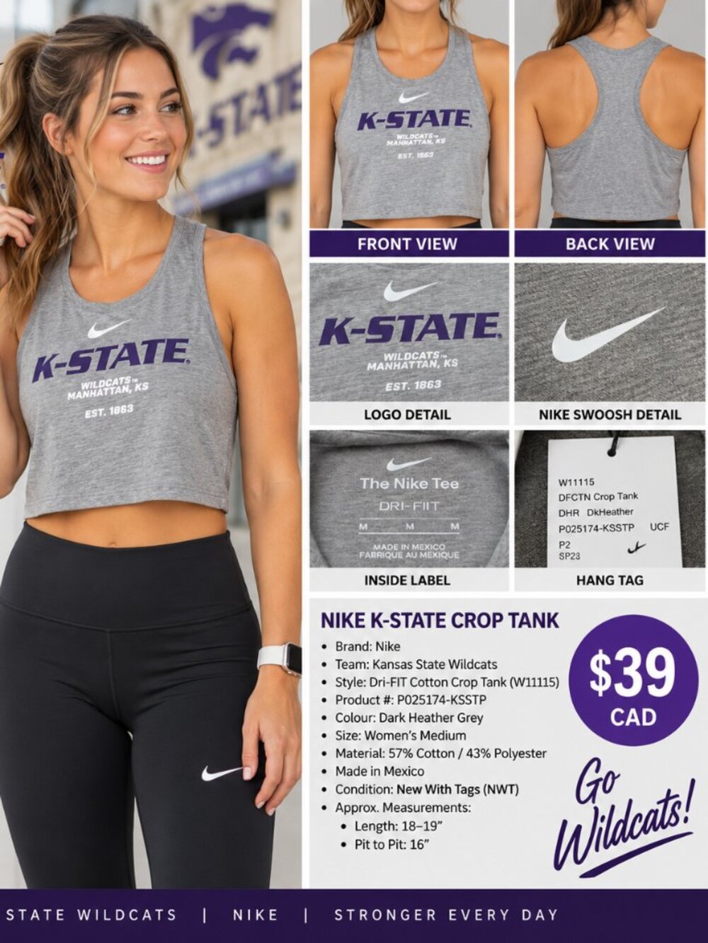 Nike K-State Wildcats Dri-FIT Crop Tank Women’s M NWT